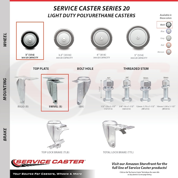Service Caster 3 Inch SS Black Polyurethane Wheel Swivel Top Plate Caster Set SCC-SS20S314-PPUB-BLK-4 - main